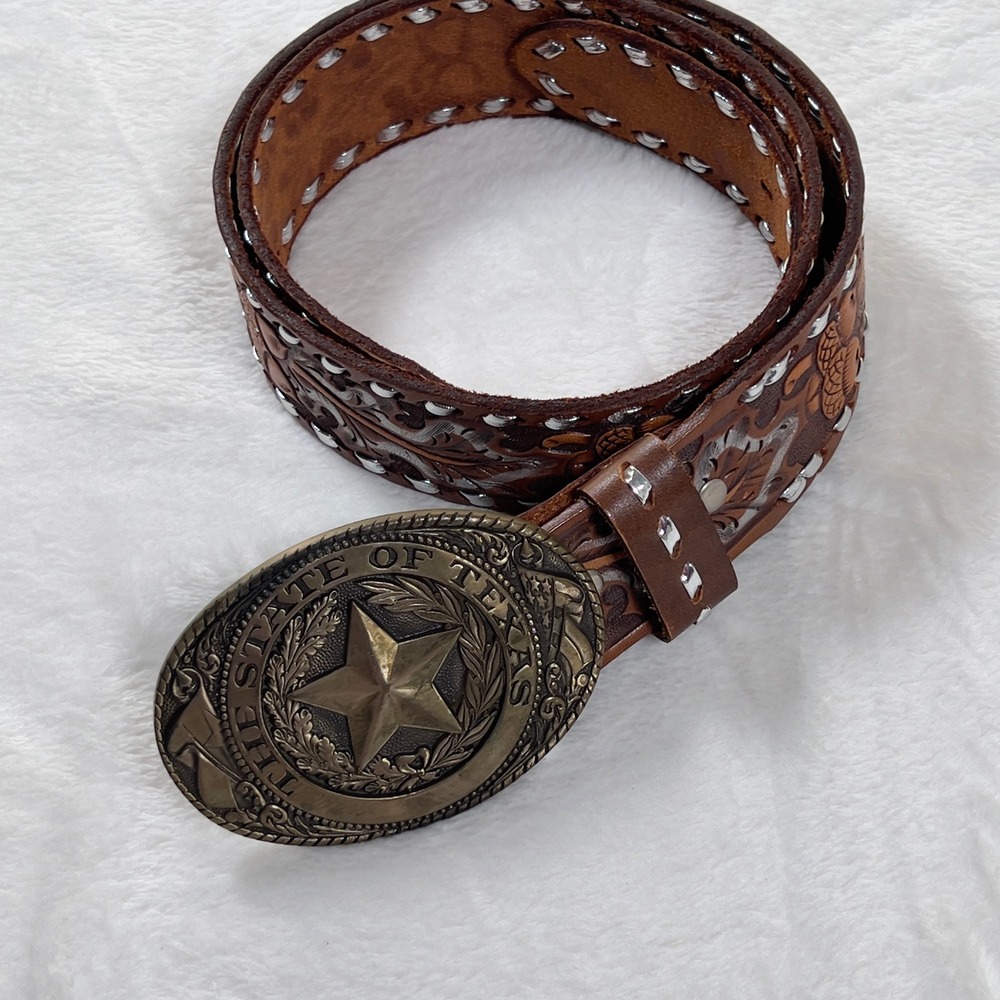 Tony Lama Belt Men Sz 38 Brown Texas State Series Brass Buckle Laced Leather